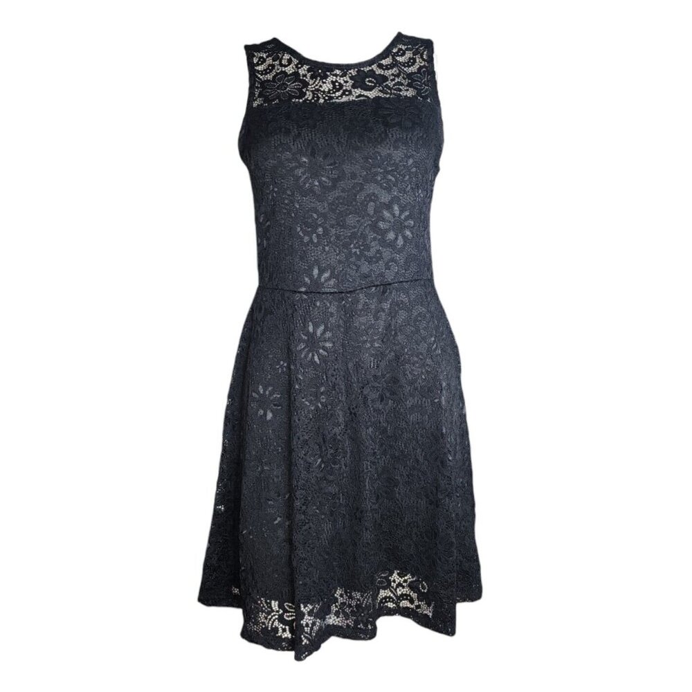 AMBIANCE‎ Solid All Black Lace Overlay Sleeveless Dress Womens Size L Large